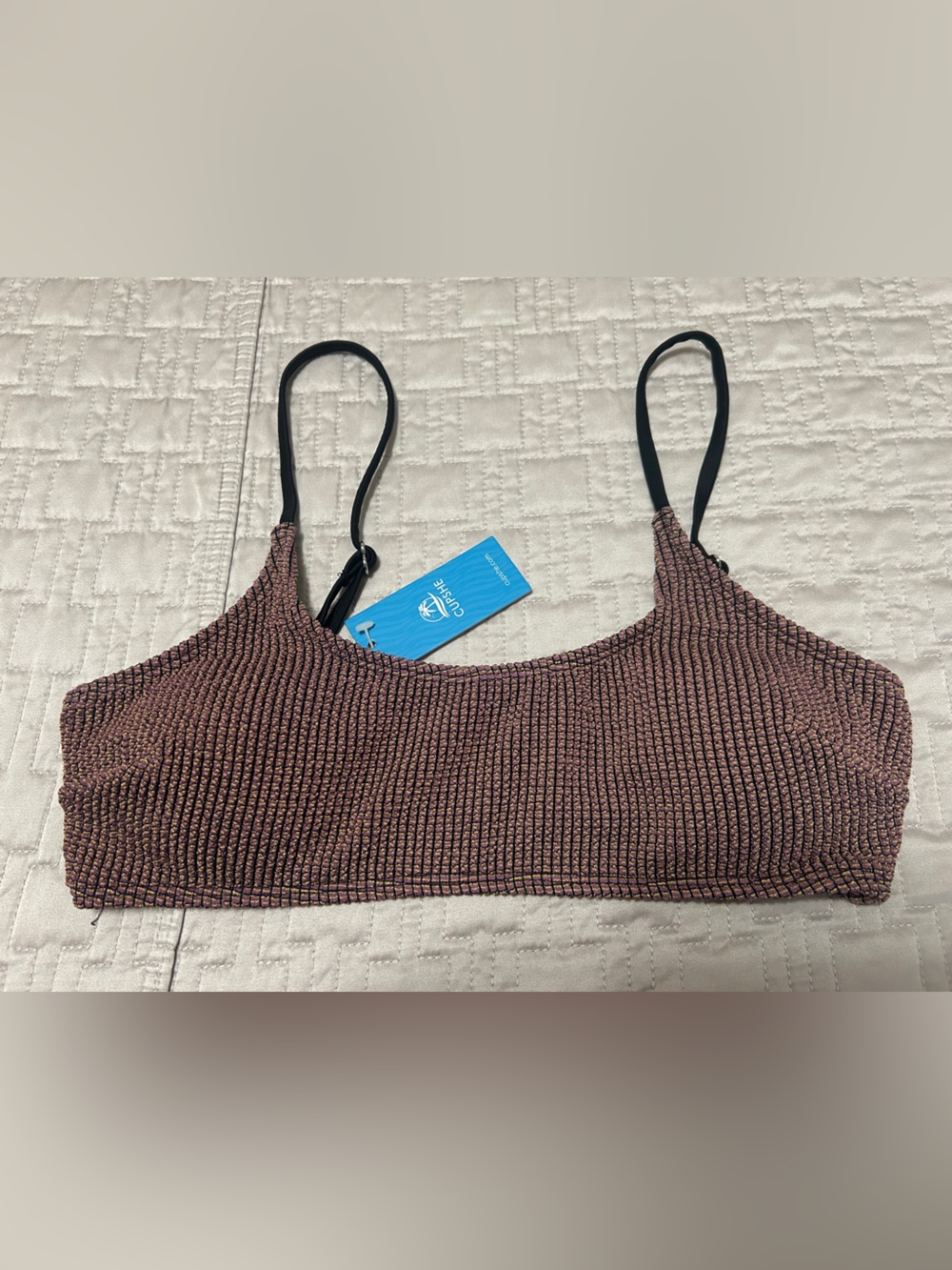 NWT! Women’s Cupshe Mauve-Brown Textured Bikini Top with Black Straps - Size M